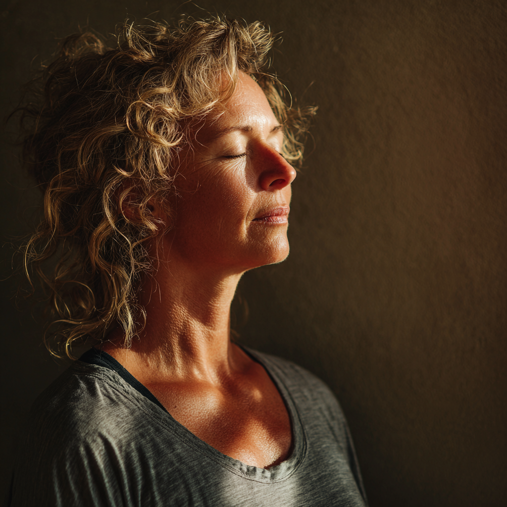 52 years old woman in yoga pose with natural lighting and peaceful expression