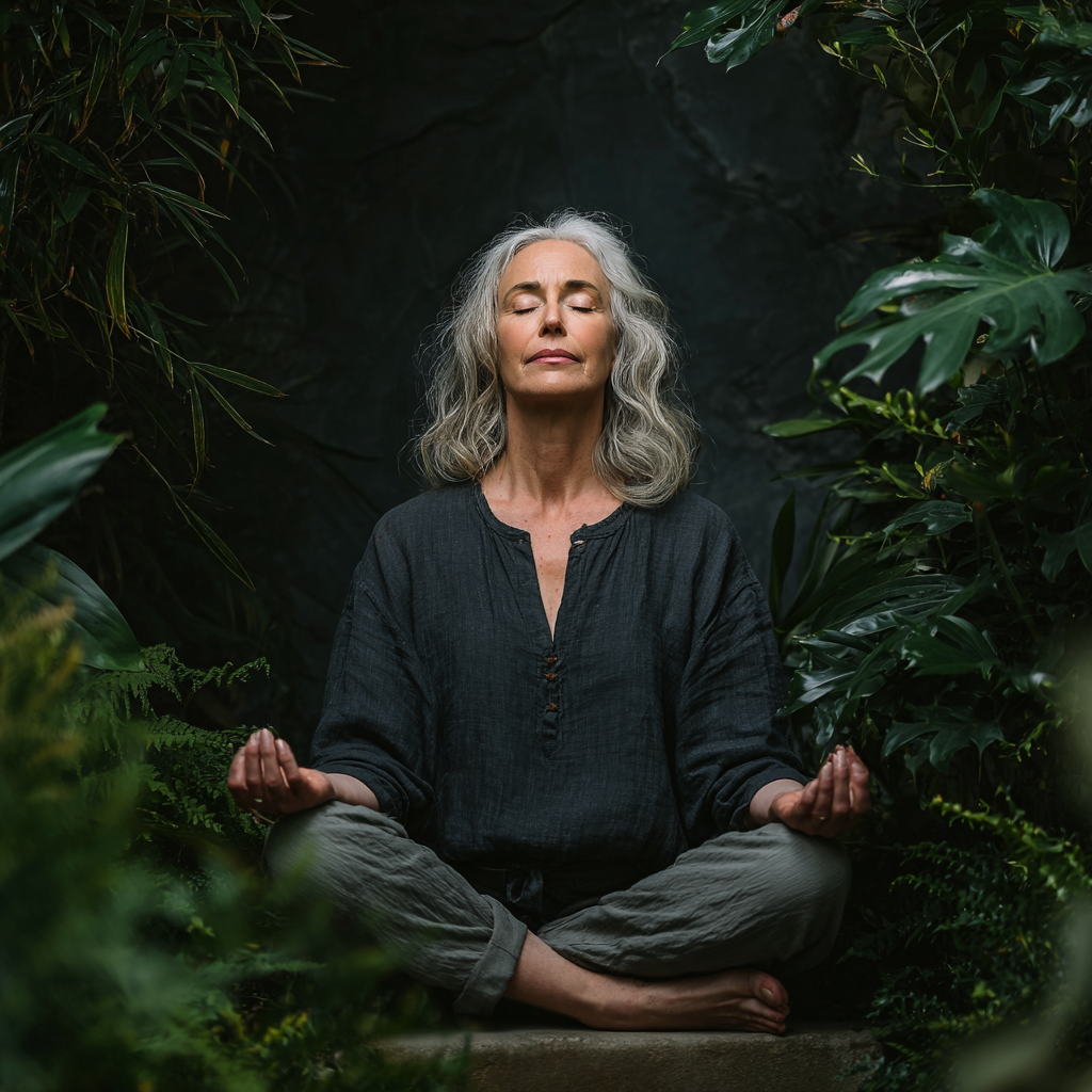 53 years old woman in peaceful meditation pose surrounded by calming natural elements