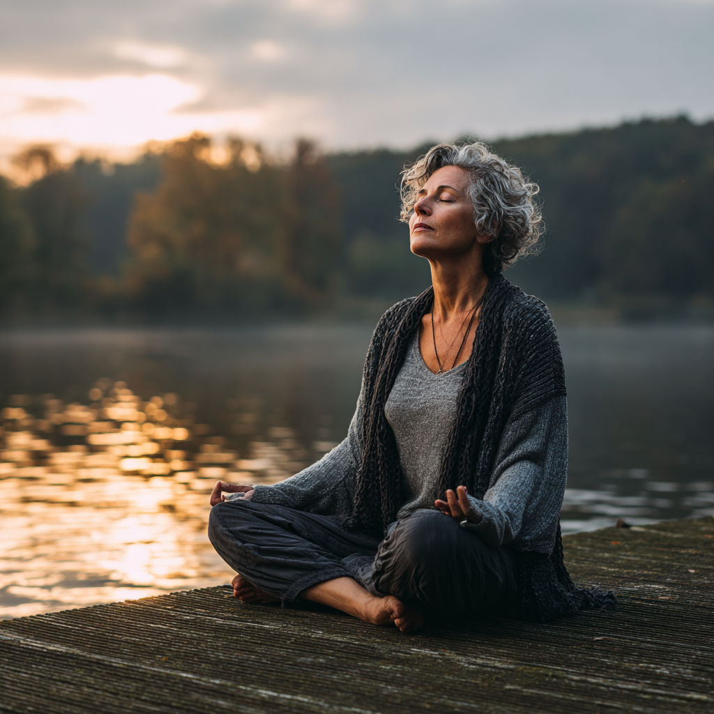 Peaceful 50 years old woman practicing mindful yoga in serene natural setting